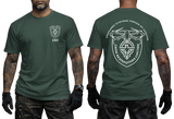 Ukraine Unmanned Systems Forces tactical t-shirt in green with front chest badge and large back military drone emblem.