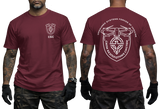 Ukraine Unmanned Systems Forces tactical t-shirt in maroon with front chest badge and large back military drone emblem.