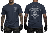Ukraine Unmanned Systems Forces tactical t-shirt in navy with front chest badge and large back military drone emblem.