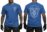 Ukraine Unmanned Systems Forces tactical t-shirt in royal blue with front chest badge and large back military drone emblem.