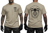Ukraine Unmanned Systems Forces tactical t-shirt in sand with front chest badge and large back military drone emblem.