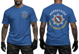 A blue short-sleeve t-shirt shown on a model from both the front and back. The front features a small circular Merseyside Fire & Rescue Service emblem on the left chest.