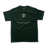 Front view of University of Copenhagen t-shirt in forest green featuring the central academic seal with Danish and English minimalist text.