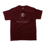 Front view of University of Copenhagen t-shirt in maroon featuring the central academic seal with Danish and English minimalist text.