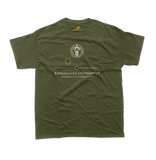 Front view of University of Copenhagen t-shirt in military green featuring the central academic seal with Danish and English minimalist text.