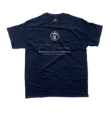 Front view of University of Copenhagen t-shirt in navy blue featuring the central academic seal with Danish and English minimalist text.