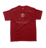 Front view of University of Copenhagen t-shirt in red featuring the central academic seal with Danish and English minimalist text.
