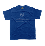 Front view of University of Copenhagen t-shirt in royal blue featuring the central academic seal with Danish and English minimalist text.