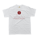 Front view of University of Copenhagen t-shirt in white featuring the central academic seal with Danish and English minimalist text.