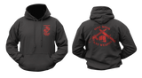 USMC MCMAP Instructor Trainer Hoodie in black with front Marine Corps Martial Arts emblem and large back One Mind Any Weapon design