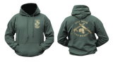 USMC MCMAP Instructor Trainer Hoodie in forest green with front Marine Corps Martial Arts emblem and back One Mind Any Weapon graphic