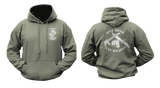 USMC MCMAP Instructor Trainer Hoodie in military green with front MCMAP emblem and back Marine Corps Martial Arts Program graphic