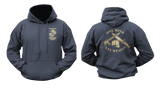USMC MCMAP Instructor Trainer Hoodie in navy with front MCMAP emblem and large back Marine Corps Martial Arts Program design