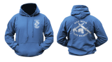 USMC MCMAP Instructor Trainer Hoodie in royal blue with front Marine Corps Martial Arts Program emblem and back One Mind Any Weapon design