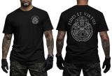 Vatican Gendarmerie Corps Fides Et Virtus black t-shirt featuring official SCV papal keys emblem on left chest and large two-sided print on back.