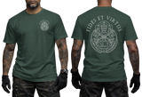 Vatican Gendarmerie Corps Fides Et Virtus forest green t-shirt featuring official SCV papal keys emblem on left chest and large two-sided print on back.
