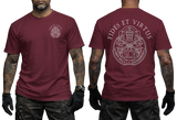 Vatican Gendarmerie Corps Fides Et Virtus maroon t-shirt featuring official SCV papal keys emblem on left chest and large two-sided print on back.