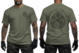Vatican Gendarmerie Corps Fides Et Virtus military green t-shirt featuring official SCV papal keys emblem on left chest and large two-sided print on back.