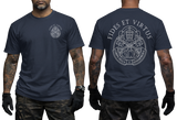Vatican Gendarmerie Corps Fides Et Virtus navy t-shirt featuring official SCV papal keys emblem on left chest and large two-sided print on back.