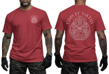 Vatican Gendarmerie Corps Fides Et Virtus red t-shirt featuring official SCV papal keys emblem on left chest and large two-sided print on back.