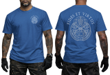 Vatican Gendarmerie Corps Fides Et Virtus royal blue t-shirt featuring official SCV papal keys emblem on left chest and large two-sided print on back.