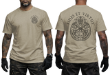 Vatican Gendarmerie Corps Fides Et Virtus sand t-shirt featuring official SCV papal keys emblem on left chest and large two-sided print on back.