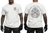 Vatican Gendarmerie Corps Fides Et Virtus white t-shirt featuring official SCV papal keys emblem on left chest and large two-sided print on back.