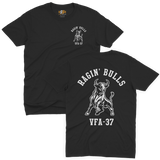 VFA-37 Raging Bulls US Navy squadron emblem printed in crisp white ink on a premium black t-shirt, showing small front left-chest insignia and large detailed charging bull back graphic.