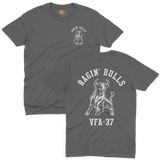 VFA-37 Raging Bulls US Navy squadron design with charging bull crest and collegiate text printed in solid white ink on a mid-weight charcoal grey custom t-shirt.