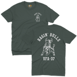 VFA-37 Raging Bulls US Navy strike fighter squadron military aviation insignia printed in solid white ink on a premium forest green tactical heritage t-shirt.