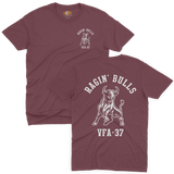 VFA-37 Raging Bulls US Navy squadron combat aviation graphic layout featuring a charging bull crest printed in white ink on a high-quality maroon red t-shirt.