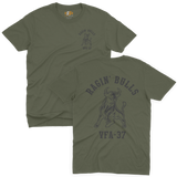 VFA-37 Raging Bulls US Navy squadron aviation insignia screen printed using high-contrast dark charcoal ink on a rugged military green cotton t-shirt.