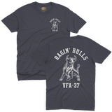 VFA-37 Raging Bulls US Navy strike fighter squadron charging bull artwork and official text printed in vibrant white ink on a classic navy blue custom tee.