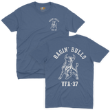 VFA-37 Raging Bulls US Navy squadron aviation heritage layout featuring a clean front chest logo and large charging bull back print on a premium royal blue t-shirt.