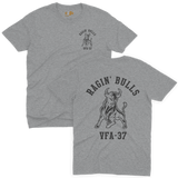 VFA-37 Raging Bulls US Navy squadron military aviation insignia layout executed in high-contrast dark charcoal ink on a premium sports grey heather t-shirt.