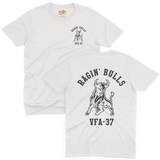 VFA-37 Raging Bulls US Navy squadron charging bull crest and block lettering printed in clean, solid black ink on a premium lightweight white cotton t-shirt.