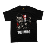 A front view of a black t-shirt featuring a detailed, vintage-style graphic montage inspired by the film 'Yojimbo'. The design includes three distressed, black and white portraits of Japanese actor Toshiro Mifune in samurai attire, layered over a large, blood-splattered red circle background resembling the Japanese flag. Bold white text at the bottom reads 'YOJIMBO'. White Japanese Kanji characters are placed vertically to the right of the central figure. 