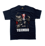 A front view of a navy t-shirt featuring a detailed, vintage-style graphic montage inspired by the film 'Yojimbo'. The design includes three distressed, black and white portraits of Japanese actor Toshiro Mifune in samurai attire, layered over a large, blood-splattered red circle background resembling the Japanese flag. Bold white text at the bottom reads 'YOJIMBO'. White Japanese Kanji characters are placed vertically to the right of the central figure. 